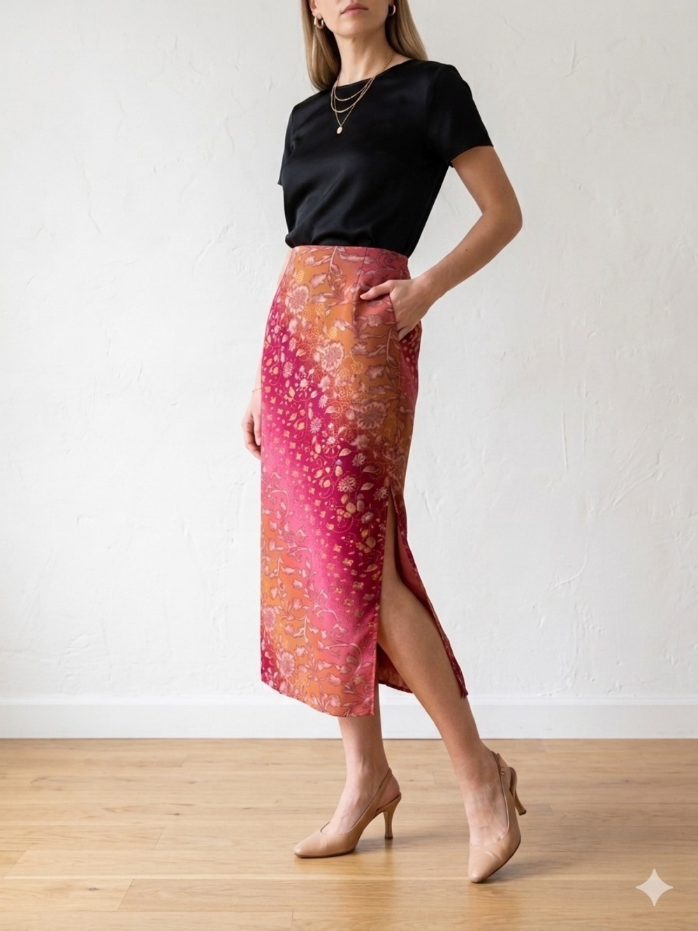 Vintage Pariscope Made in Canada Floral Ombre Midi Skirt in Pink & Orange Size 9